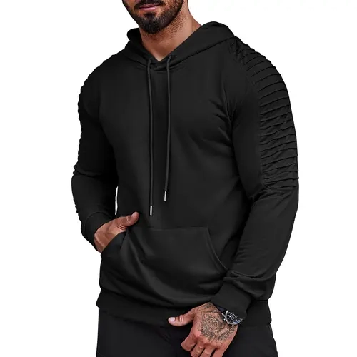 Men's Black Long Sleeve Hoodie Sweatshirts with Drawstring Hood Casual Athletic Pullover and Pocket