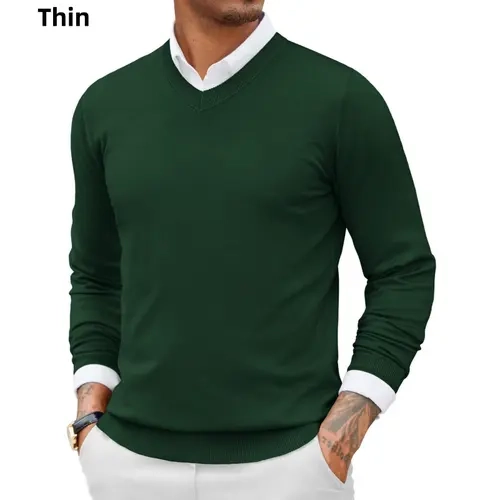 Men's Casual Runs Large V Neck Sweater Ribbed Knit Slim Fit Long Sleeve Pullover Top in Beige Plain Style for Everyday Use
