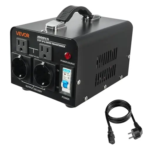 VEVOR 1000VA Heavy Duty Step Up-Down Voltage Converter Transformer, Efficient Compact Body Power Adapter with Handle, Quiet Operation Toroidal Coil, 110V-220V Conversion, US/EU Outlets, Power Cord, Circuit Breaker Protection, Not for EV Charging, Home Use