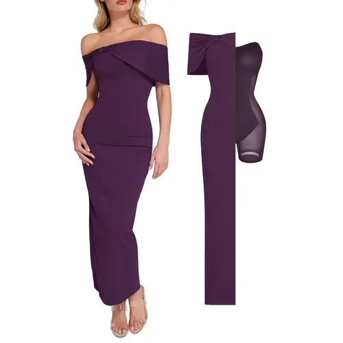 Popilush Shapewear Off-the-Shoulder Slim Column Maxi Dress Casual Chic