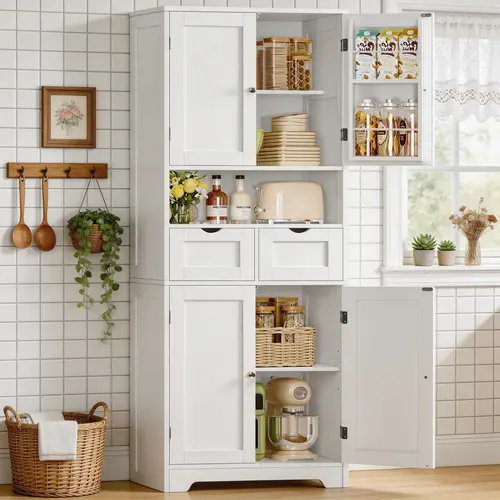 63 in Modern Durable Wooden Sideboard Buffet Cabinet - Space-Saving Kitchen Furniture with Adjustable Shelving, Storage Drawers, Sliding Rack, 6 Hanging Shelves, Regular Door for Dining Room, Laundry Room