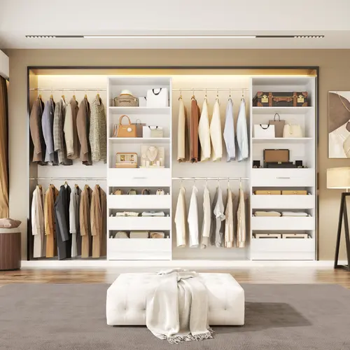 95"-136" MDF Board Wardrobe Set, Customizable Closet Organization Wardrobes with Drawers, Hanging Rods, Adjustable Storage Shelves & Compartment Design Towers, Space-Saving Walk-In Closet Organizer, Assembly Required
