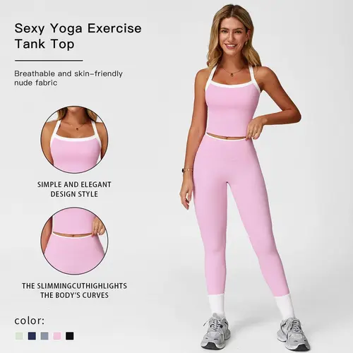 Women's 2-Piece Solid Color Matching Workout Set - Cut-Out Backless Camisole, High-Waist Leggings, Sport-Ready Clean Look, Female All Seasons Activewear for Yoga, Gym, Valentine's Day Gift