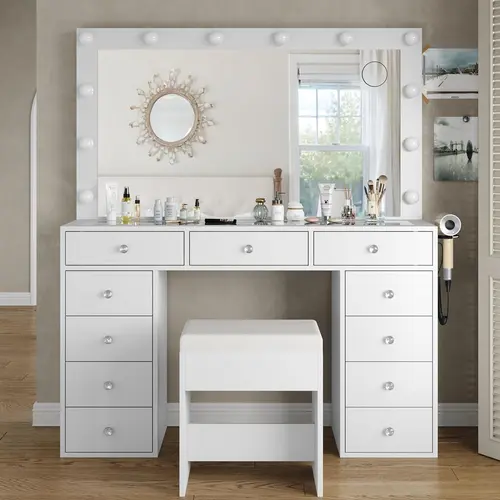 FUSOU 47" Vanity Desk with Glass Top & Power Outlets, Makeup Vanity with Mirror & 12 LED Lights [Shipping by 2 Packages]  11-Drawer Makeup Table with Chair, 3 Lighting Modes Brightness Adjustable, White