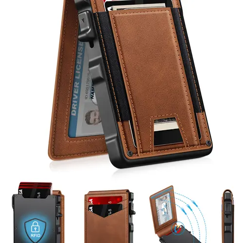 Men's Slim RFID Protected Aluminum Bifold Wallet - PU Leather, Compact & Practical, Durable & Lightweight, Pop-Up Card Holder, Money Clip, ID Window (9-13 Cards), Convenient for Quick Access, Data Theft Protection, Back to School, Rfid Protected Wallet