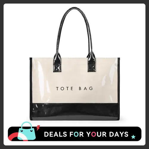 KALIDI Women's Basic Large Lightweight Waterproof PVC Commuter Tote Bag - PVC Exterior Wipes Clean Quickly, Magnetic Closure, Large Kraft Paper Look Pouch, Colorblock, Double Handles, High-Capacity, Coffee Black, Dry Clean Compatible
