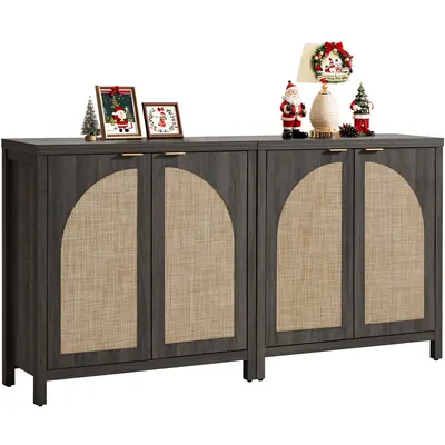 SICOTAS Modern Oversized Mid-Century Rattan Wood Rectangular Sideboard Buffet Cabinet - Charming Arch Doors, 2 Adjustable Shelves, Sturdy, Easy Setup, Assembly Required, Storage Compartments - Dining Room & Living Room Farmhouse Credenza, 30-Day Exchange
