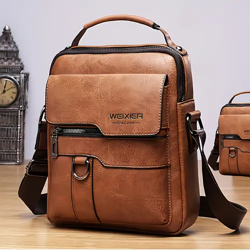 WEIXIER Men's PU Leather Crossbody Shoulder Messenger Bag - Retro Street Style, Large Capacity Commuter Bag with Adjustable Strap for Business Travel, Men's Accessories, Father Gifts,father'sdaygifts