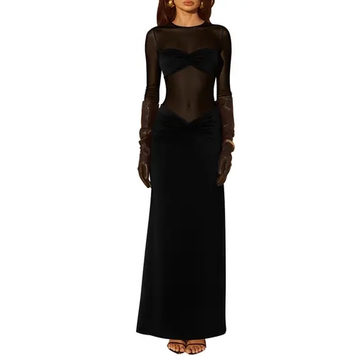 Aprilake Women's Sexy Mesh Long Sleeve Sheer Panel Bodycon Ruched Twist Wrap Stretchy Maxi Dress