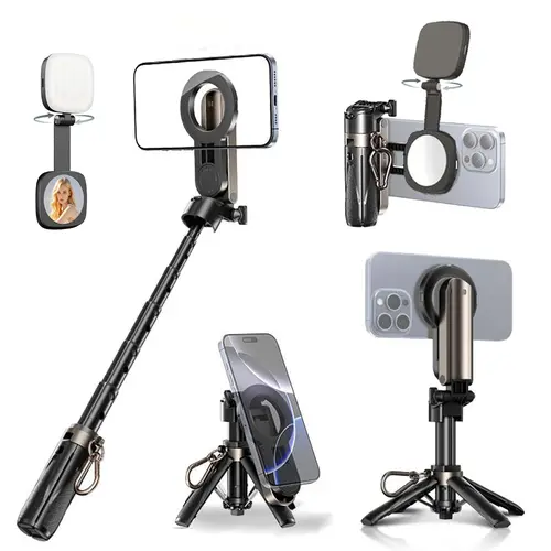 Lamicall 4-in-1 Magnetic Selfie Stick Tripod Stabilizer with Remote - Lightweight Foldable, Auto-Deploying Adjustable Stand, Hands-Free Holder for Smartphone, Stabilizer Camera, Non-Magnetic Phones (Use Included Adhesive Ring)