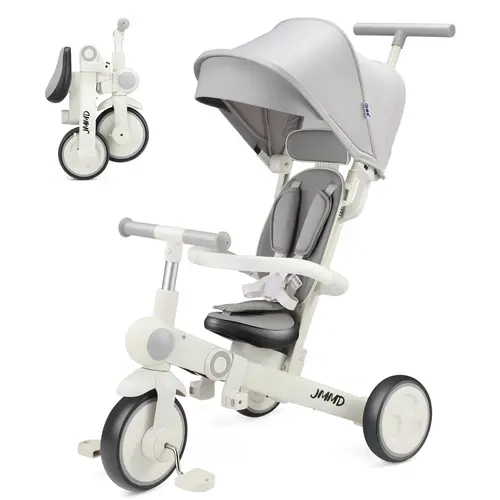 JMMD 7-in-1 Growth-Friendly Toddler Push Trike - PU Elements, 5-Point Safety Harness, Silent Design, Detachable, 3 Pedal Positions, 20.4 lbs, Foldable Portable Ride-On Toy for 18 Months-5 Years