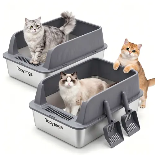 Topyangs 2-Pack 304 Stainless Steel Litter Boxes, Extra Large High-Sided Splash Guard, ABS Durable Leakproof Non-Stick Easy-Clean Metal Pans, 2 Free Litter Scoops, Odor-Resistant for Multi-Cat Households, Ideal Pet Gift