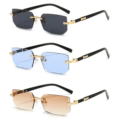 3-Pack Rimless Rectangular Trendy Sunglasses with Modern Frames, Chic Men's Accessories for Summer Travel, Beach Party Supplies Small Square Sun Glasses