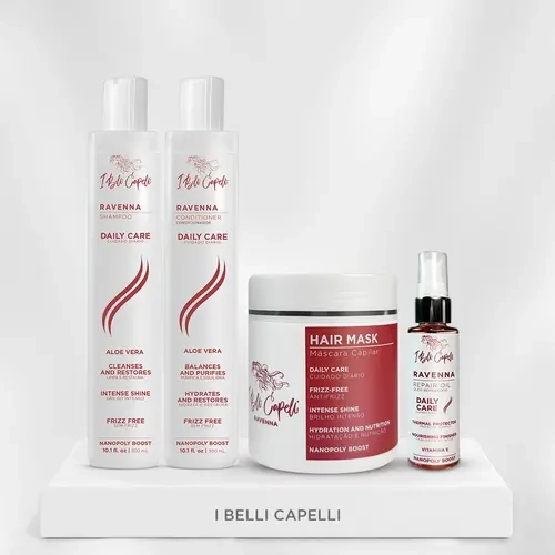 I Belli Capelli Ravenna Haircare Daily Care Complete Kit - Shampoo & Conditioner (2x300ml) + Hydrating Hair Mask (500g) + Repair Hair Oil (60ml). For deep hydration, strengthening, and repair. Leaving it softer, nourished, and with a radiant shine.
