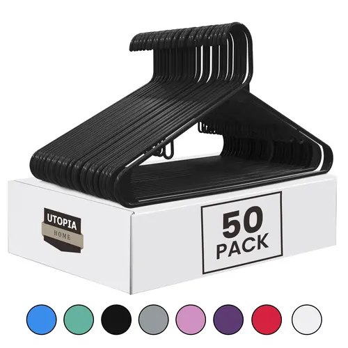 Utopia Home Glossy Durable Plastic Clothes Hangers Bulk - 50 ABS Plastic Wardrobe Hangers with Hook-Attached Pegs, Space-Saving Carton-Packaged Organizer, White 100 Pack Option Available