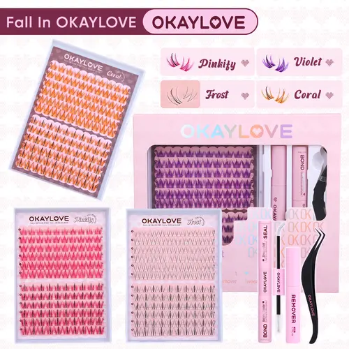 OKAYLOVE Cosmetic 0.03mm Lightweight Cross Lash Cluster Kit - Multiple Styles (Frost, Violet, Pinky, Coral) False Lashes, Adhesive, Tweezers, Remover, Long-Lasting Bond & Seal, Accessories Bundle for DIY, Party Nights, Girl Gifts #backtoschool #sohochic