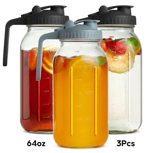3PCS glass water kettle 64OZ, Mason jar water,  lid  spout, wide mouthed leak proof water kettle, cold water kettle, suitable for storing breast milk  juice, water, milk, tea, iced coffee  beverage set  scale Tumbler with and Straws Fall Themed oak sip,su