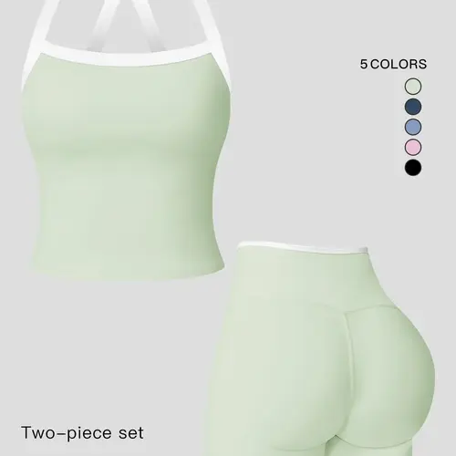 Women's Athletic Yoga Set, Sporty Plain Colorblock Crisscross Backless Crop Top & Tight-Fitting Shorts, Ideal for Running & Fitness Training, Active Workout Set