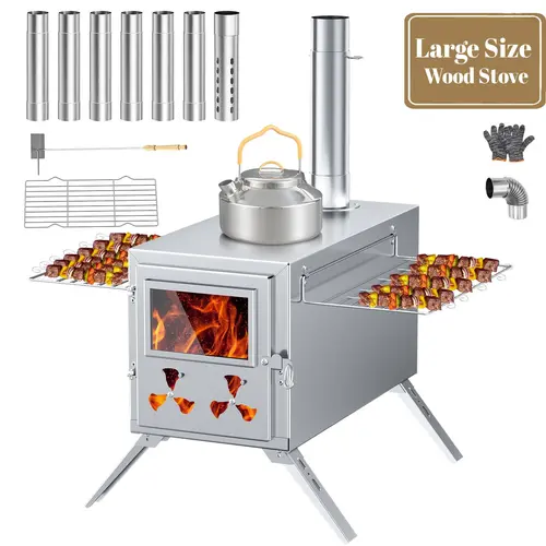 DoCred Portable Camping Wood Stove - Camping Equipment with 7 Stainless Steel Adjustable Chimney Setup, Airflow Damper, Anti-Spark Feature, Ash Rake, Foldable Legs,  Tent Jack for Outdoor BBQ Grill/Boil Needs, Campfire Cooking Equipment, Camping gear
