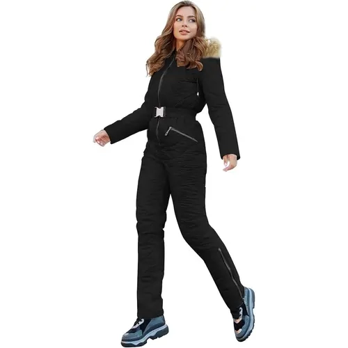 Yousify Women's 1-Piece Sports Coat, Belted Colorblock Snow Jumpsuit with Removable Faux Fur Trim, Female Winter Outfit for Ski Trips, Hiking, Running