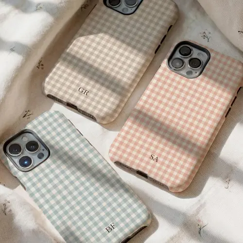 Personalized Boho Gingham Monogrammed Smartphone Cover - Protective Shockproof Polycarbonate-TPU Casing, Crisp UV/DTF Print, Wireless Charging Safe, Custom Initials Cellphone Accessory for iPhone 11-18, SE & Latest Flagship Devices