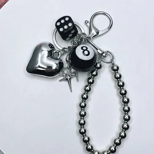 Personalized metal dark style street cool beaded keychain, DIY handmade keychain pendant four-pointed star dice bag pendant 8 ball element peach heart keychain pendant, small and exquisite versatile bag small object pendant Keychain For Bags