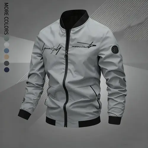 Men's Woven Regular Fit Letter Embroidered Zip-Up Pilot Jacket - Casual Comfy Jacket, Long-Sleeve Windproof Baseball Collar Coats for Autumn Winter Male Clothing, Work & Travel Clothes Products