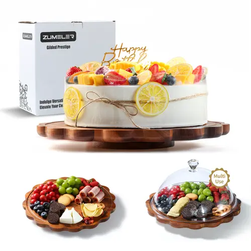 Zumeler Round Acacia Wooden Cake Stand with Lid - 13.78 in Petal-Edge Plate, Acrylic Cover, 4 Anti-Slip Pads, Baking/Desserts/Cheese Board, Freshness Retention, Wedding Gift for Baked Goods