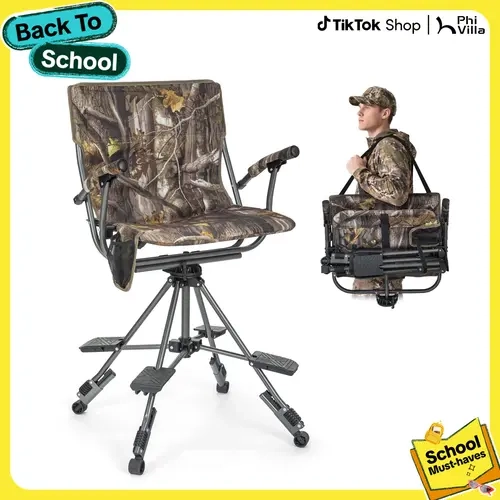 PHIVILLA Folding Hunting Chair for Blinds 360° Silent Swivel, 330LBS Capacity Portable Padded Cushion Hunting Seat with Armrest, 4 Legs Adjustable Height, Shoulder Strap, Cup Holder-CAMO