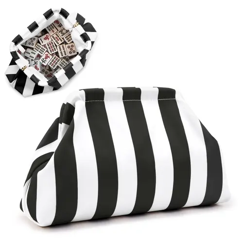 KALIDI Women's Woven Polyester Striped Mahjong Tile Wristlet Clutch Wallet - Trendy Horizontal Black-White Strapless All-Seasons Evening Bag, Woven Purses for Casual Chic Summer Beach Use