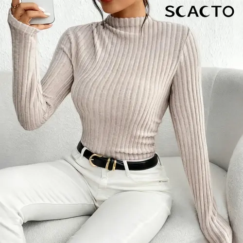[Clearance Sale] Women's Ribbed Mock Neck Long Sleeve Slim Fit Belt-Included Light Cotton Spandex Knit Jumpsuit - Minimalist Style Elegance Top, Versatile Casual Autumn Bodysuit