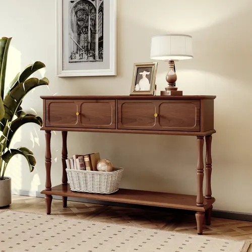 【Fall Deals】HLR 47" Mid-Century Retro Console Table - Narrow Indoor Furniture with 2 Drawers, Open Shelf, Sturdy Legs, Brown Room Decor for Hallway, Entryway, Assembly Required Apartment Furniture