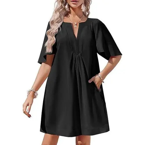 Wenrine Women's A-Line Fit V-Neck Flutter Half-Sleeve Mini Shift Dress - Pocket-Ready Summer-Light Fabric Casual Dress with Subtle Sheen for Elegant Wear