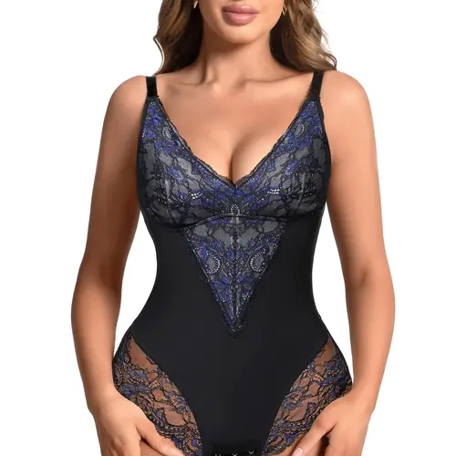QOU Women's Sexy Floral Lace Bodysuit - Deep V-Neck Tummy-Control Thong Shaper Underwear, Corset Top for Gifting Night Out, Hang Dry