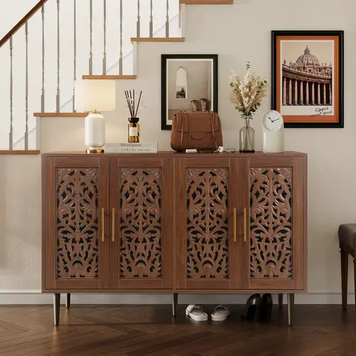HLR Freestanding 4-Door Hollowed-Out Sideboard Cabinet - Bohemian Vintage Wooden Dresser with Reeded Doors, Floral Cuts, Drawers, Legged Base, 25kg Capacity, Ample Storage, Display-Ready Top, Narrow Indoor Cupboard for Dining Room, Assembly Required