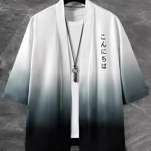 Men's Short Sleeve Loose Ombre Traditional Kimono with Japanese Letter Graphic, Casual Style, Fashion, Moderate Fabric, Perfect Gift for Boyfriend, Summer Wear, Menswear, Clothes, Garment