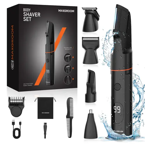 MAXGROOM Body Hair Trimmer - 6-in-1 Mens Electric Grooming Kit, Waterproof V-Head Shaver for Pubic Groin & Balls, Ceramic Blades for Sensitive Skin, USB Rechargeable, LED Display, Adjustable Guide Comb
