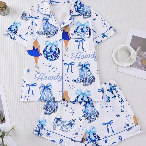 Women's All-Over Print Pajama Set, Short Sleeve Button Front Top & Elastic Shorts, Casual Home Wear, Loungewear Pjs, Comfortable Sleepwear for Women, Casual Pajamas Set