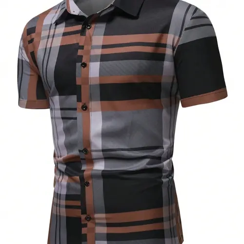 Men's Plaid Print Button Front Shirt, Spring Summer Short Sleeve Collared Top, Business Casual Tops, Fashionable Fitted Casual Wear, Business Style Woven Fabric, Menswear Checked