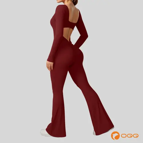 OQQ Women's Fitted Athleisure Jumpsuit - Stretchy Long Sleeve V-Back Yoga Gym Outfit, Wide Legs, Removable Pads, Womenswear Overalls