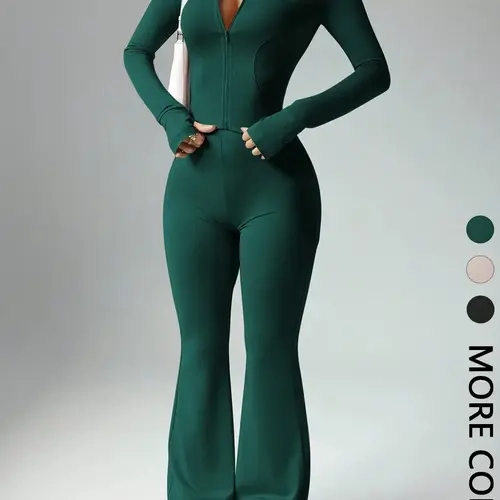 Women's 2-Piece Outfit Set, Basic Minimalist Plain Solid Long Sleeve Zipper Jacket + Wide Leg Flared Pants, Casual for All Seasons, Fitted Clothing Set Apparel