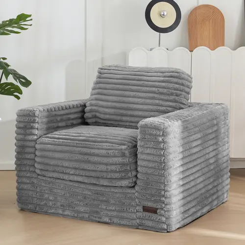 MAXYOYO Ergonomic Grey Bean Bag Chair, Boneless Couch & Modular Floor Lounger with Pillows, Plush Faux Fur Lazy Sofa for Living Room & Bedroom