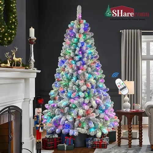 【17 Lighting Modes】SHareconn 4/5/6/7/7.5/8/9FT Prelit Snow Flocked Artificial Christmas Tree - Hinged Festive Decoration with Remote Light Control, Timer, Warm or Color Glow Lights for Room Decor, Multicolor Sparkle, Colorful Lights