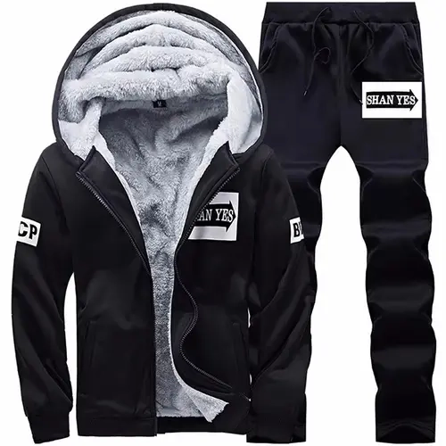 Men's Black Fleece-Lined Sweatsuit Matching Set - Zip Up Hoodies with Drawstring, Jogging Pants Suit with Stylish Logo, Cozy Cold-Weather Gym Tracksuit Jogger Set Loungewear