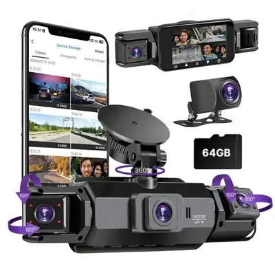 Dash Cam Front  Rear Left and Right, Full HD 4 Channnel Dash Camera for Cars Built-in WiFi, 64GB Card, Car Camera with 4" IPS Screen, HDR, App Control. Automotive Driving Recorder