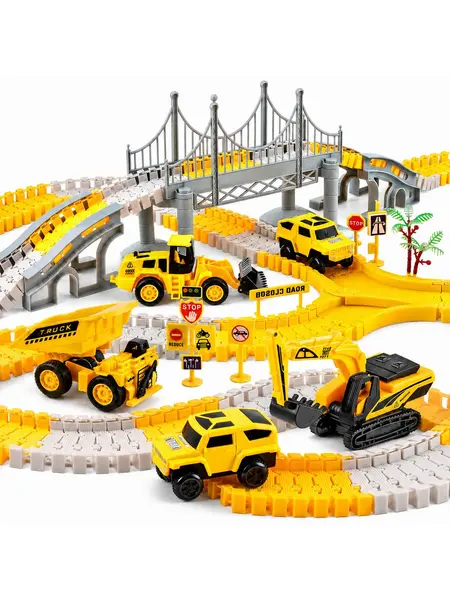 276 PCS Construction Track Set for Kids, Construction Site Track Toy with Dump Truck, Excavator, Race Cars, Flexible Tracks & Worksite Accessories for Boys Girls