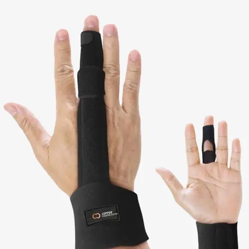CC COPPER COMPRESSION Medical Grade Unisex Adjustable Aluminum Finger Splint - Copper Compression Support for Trigger Finger, Sprains - Black Fabric, One Size with Wrist Strap