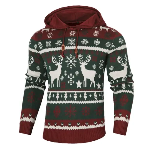 Zaitun Men's Nordic Cable Knit Long Sleeve Hoodie Pullover Sweater - Maroon Polyester Cozy Warm Festive Reindeer Snowflake Casual Knitwear, Christmas Sweaters, Gifts for Husband, Men's Holiday Present
