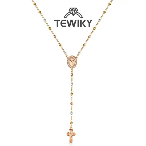 Tewiky 14K Gold Planted 4mm Copper Beads Rose Necklace for Women Gold Zircon Round Pendant Virgin Mary Y-Chain Rose Gold Jesus Cross Fashion Jewelry Set ForEaster Gift