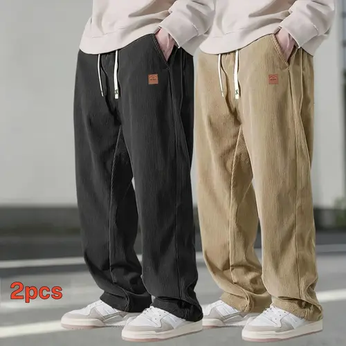 Men's 2-Pair Knitting Plain Baggy Corduroy Casual Pants - Autumn, 100% Polyester, Lightweight, Loose Straight-Leg, Adjustable Drawstring Long Pants